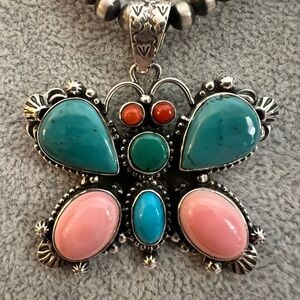 ❤️ Huge Butterfly Multi-Stone Navajo Pendant Conch Kingman Turquoise Coral 21gm